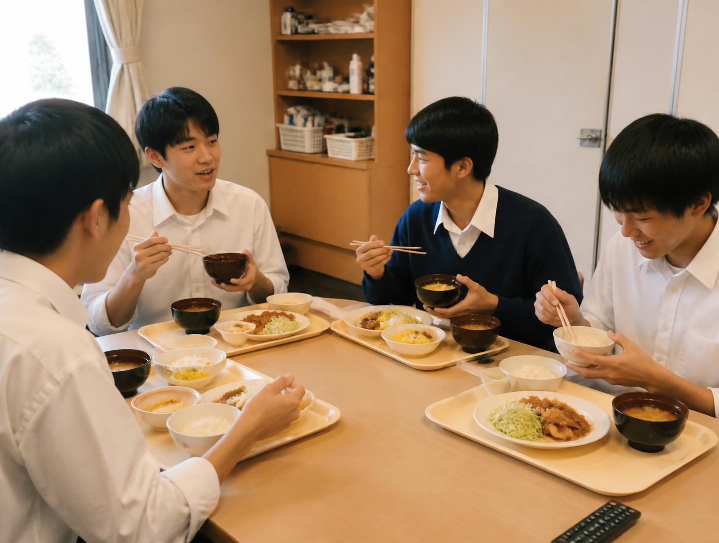 寮の食堂で食事をしながら話す学生たち